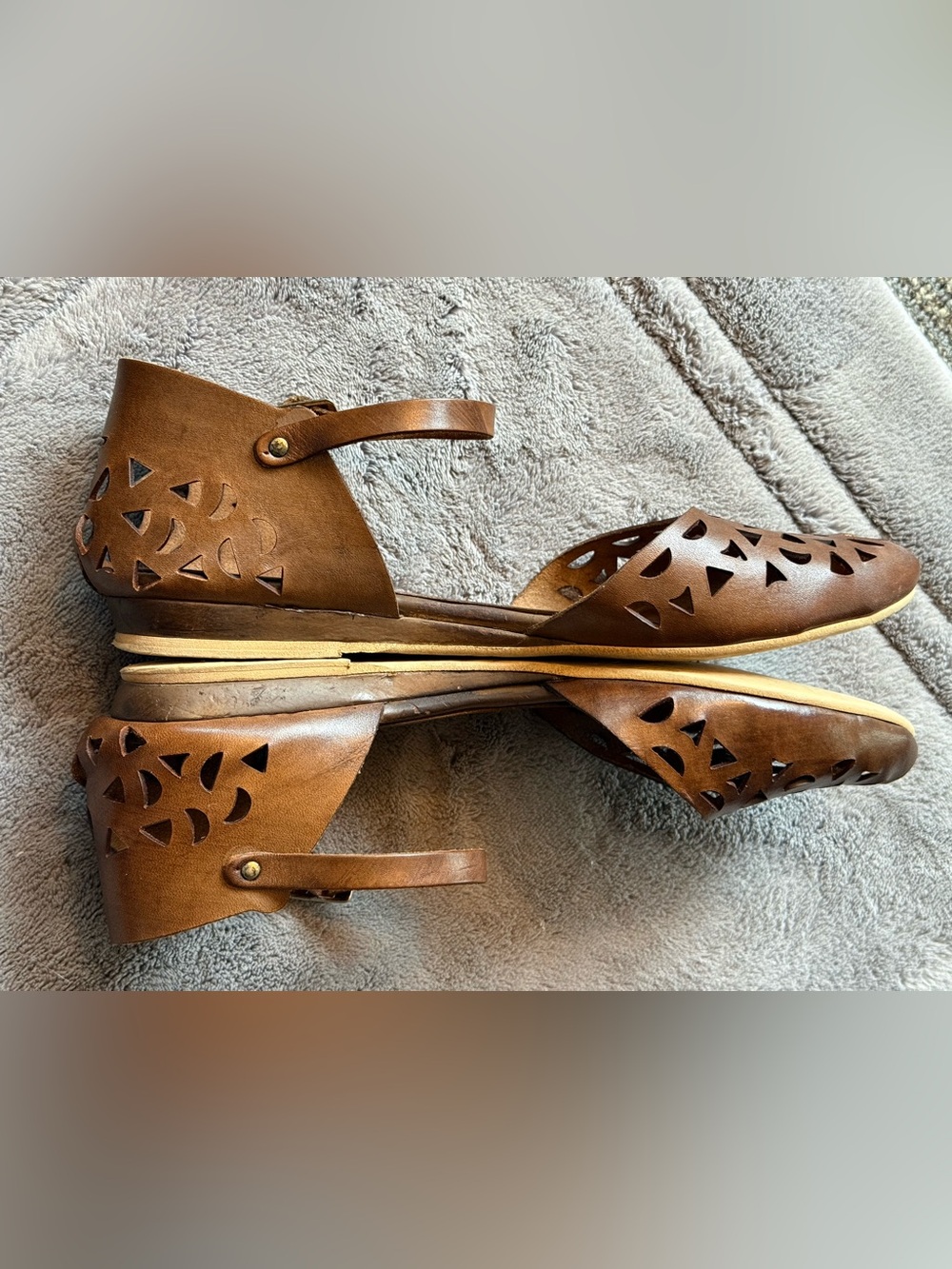 Sundance Brown Laser-Cut Peep-Toe flat Ankle Strap Sandals. 40 made in Italy. - Picture 7 of 16
